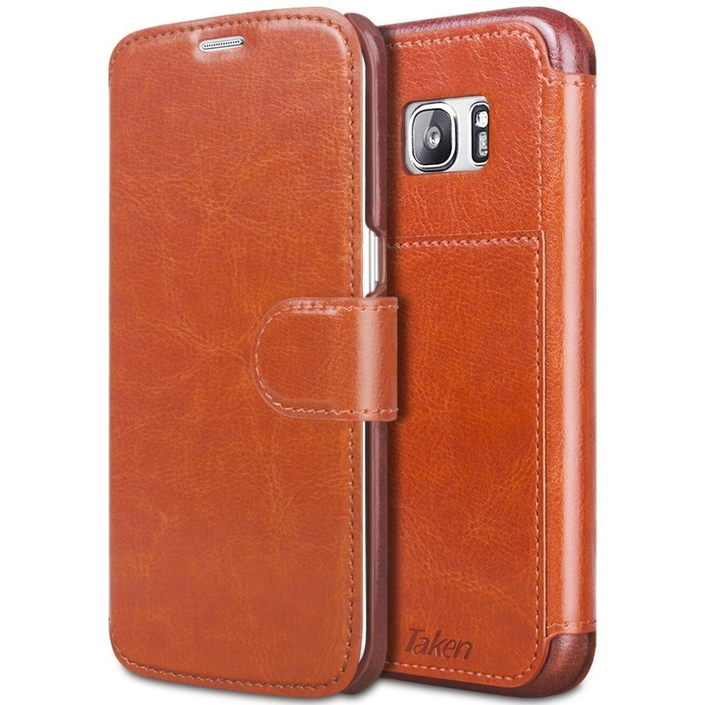 Galaxy S7 Edge Case PU Leather Flip Folio Magnetic Wallet Card Slots Dark Brown